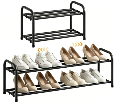 OLYREO Schuhregal Platzsparend, Metall Ausziehbar Schuhablage 3 Ebenen | Expandable Shoe Rack 45 to 80 cm Verstellbarer Schuhorganizer, Schmal Klein Schuhregal für Flur, Outdoor, Schwarz