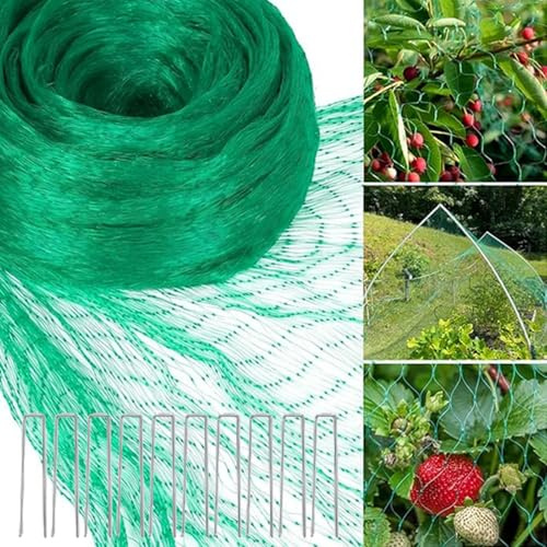 Trädgårdsfågelnät 4 x 6 m, fågelskyddsnät med 2 cm maskstorlek, högdensitets-PE-material, med 10 metallstolpar, lätt att skära, resistenta grönsaker, frukt, blommor, trädgård, grönsaksträdgård