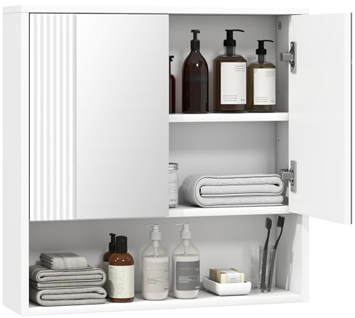 HOMCOM Mobile Bagno da Parete con Anta Soft Close 2 Ante Specchiate Bianco | Mobiletto Bagno Pensile Sospeso Moderno, Scomparto Aperto, Ripiano Regolabile, per Soggiorno e Ingresso, Salvaspazio