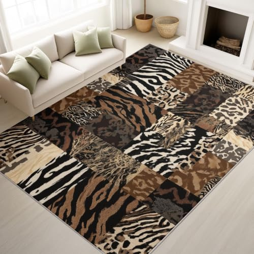 Alfombra de área con estampado de animales salvajes, 140 x 200 cm, color marrón, alfombra para sala de estar, dormitorio, decoración del hogar, alfombra de retazos, estampado de leopardo y tigre