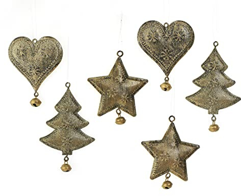 TEMPELWELT Deko Anhänger Herz Baum Stern mit Glöckchen im 6er Set je 10 cm, Metall Gold antik Glitzer, Dekoanhänger Weihnachtsdeko Fensterschmuck Metalldeko zum Hängen