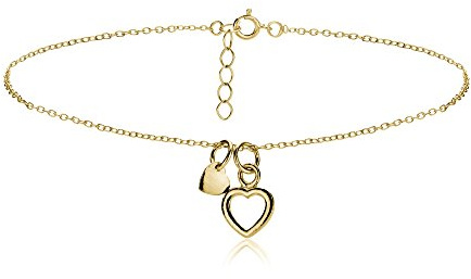Hoops & Loops Yellow Gold Flash Sterling Silver Double Heart Chain Adjustable Charm Anklet