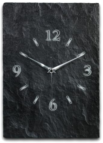 Kreative Feder Designer-Wanduhr aus Stein (Keramik) Größe ca. 35x25cm mit flüsterleisem Uhrwerk (Schiefer Optik schwarz, leises Quarzuhrwerk)