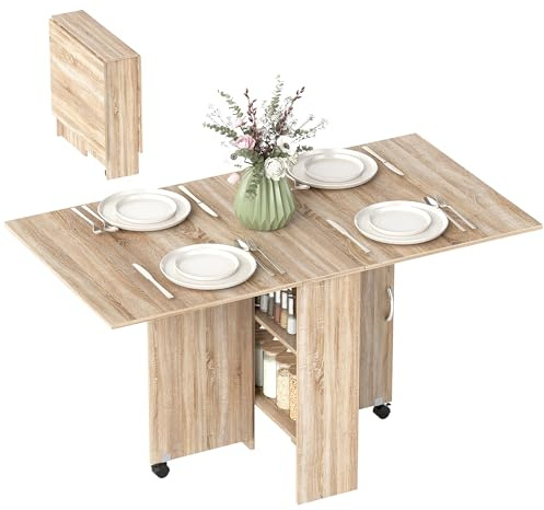 HOMCOM Table Pliante de Cuisine sur roulettes 75L x 140l x 74H cm Naturel