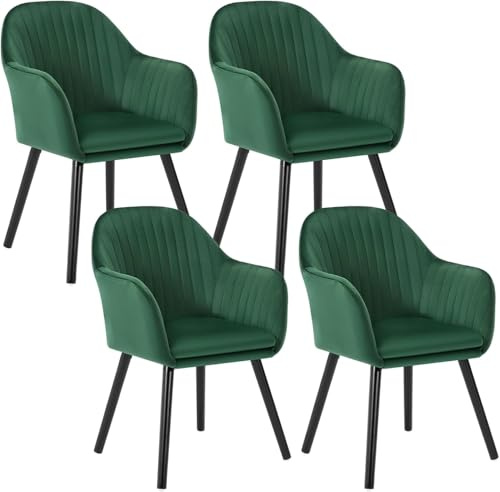 WOLTU Esszimmerstühle 4er Set, Küchenstühle gepolstert | mit Armlehne, Massivholzbeinen, Sitzfläche aus Samt, für Schlafzimmer Küche Wohnzimmer, Dunkelgrün