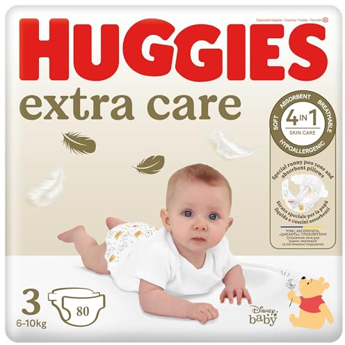 Huggies Extra Care - Pañales talla 3 (6-10 kg), ultraabsorbente, diseño Disney, paquete de 80 unidades