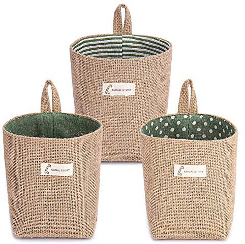 Besylo Baumwolle Leinen Aufbewahrungstasch, 3pcs Baumwolle Leinen Hamper, abnehmbar, faltbar, waschbar, hängende Aufbewahrungstasche, für die Wand, Tür, Organizer für Zimmer, Badezimmer