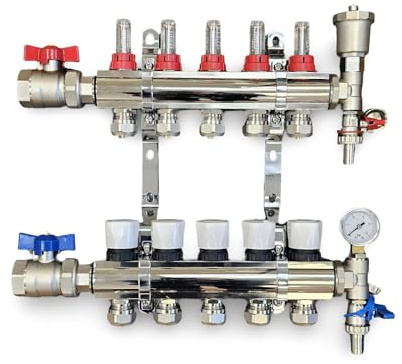 Wärmer System 5 Port Underfloor Heating Complete Manifold with Pipe Connections, Ball Valves, Automatic Air Vent and Pressure Gauge End Unit (15mm eurocone)