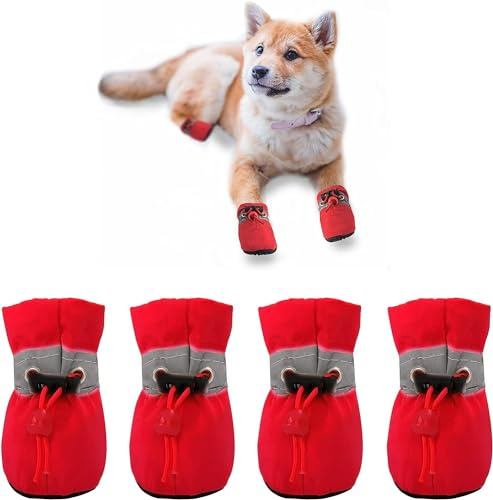 YAODHAOD Scarpe per Cani Antiscivolo, Stivali per Cani Protezione per Le Zampe,Queste Comode Scarpe per Cani con Suola Morbida Sono Dotate di Cinghie Riflettenti… (7: 5.9 x 5 CM, Rosso)