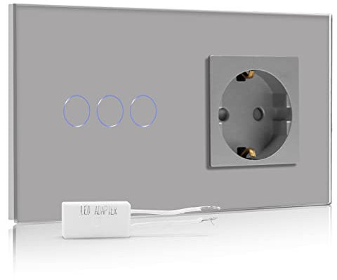 BSEED Interrupteur Variateur avec Prise et Affichage LED,157 * 86mm 1 Gang 1 Voie,Panneau Tactile,Prises Murales,Variateur LED,Interrupteur Tactile,Gris
