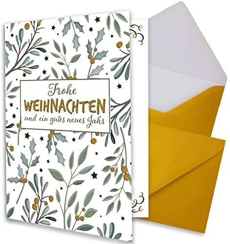 NEUSER PAPIER 25x kleines Weihnachtskarten-Set DIN A7 in Weiß mit Mistelzweigen und Eukalyptus - Faltkarten mit Umschlägen DIN C7 Gold Metallic mit Nassklebung - Weihnachtsgrüße für Firmen und Privat