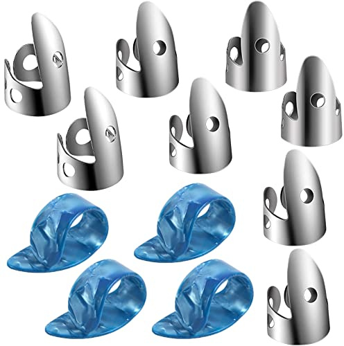 12-teiliges verstellbares Fingerplektren-Set mit 8 silberfarbenen Edelstahl-Fingerplektren und 4 Kunststoff-Daumenplektren für Gitarre, Banjo, Harfe, Bass, Plektrum (Himmelblau)