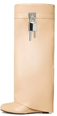 keleimusi Fold Over Wedge Boots Heeled PadLock Pant Knee High Shoes Tall/Short Booties in Beige