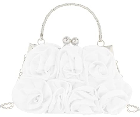 MEGAUK Damen Elegante Handtasche Blumen Clutch Seide Abendtasche Henkeltasche Crossbody Bag mit Kette Kisslock Design (Weiß)