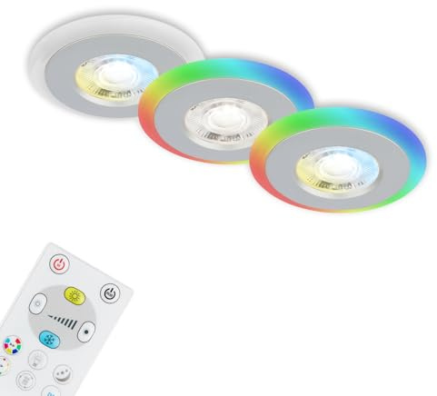 BRILONER - Juego de 3 lámparas empotradas en el techo LED, anillo de luz LED RGB CCT, LED plano empotrado, foco de baño empotrado, foco de baño empotrado IP44, cromo mate, 84x34 mm (DxH)