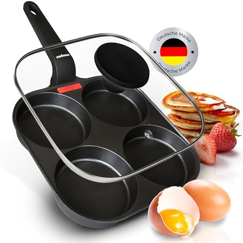 endusor Padella pancake e uova fritte - 21cm padella per pancake antiaderente con coperchio | Per Fornelli a Induzione Gas Ceramica Elettrici Alogeni| Piastra a 4 stampi per Pancakes Uova Fritte
