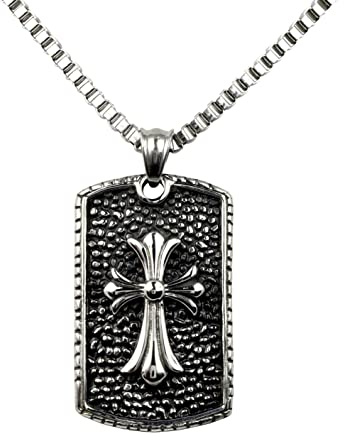 Hanessa Personalisierte Kette mit Gravur Edelstahl 60 cm mit Anhänger Dog Tag mit Kreuz in silber/schwarz - Personalisierte Halskette Männer - Personalisierter Schmuck Herren