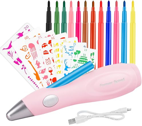 Forever Speed Elektrisk färgspraypenna, airbrush set för barn med 12 filtpennor och 7 stenciler, spruta med spruta för barn, giftfri rosa