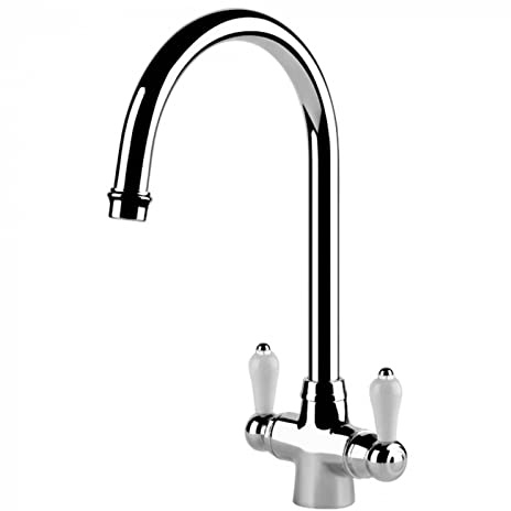 Twin Lever Kitchen Mixer Tap in Chrome, White Handles, Vintage Style - Chianti