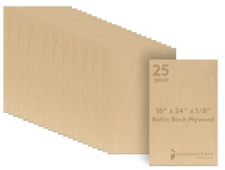 3mm Baltisches Birkensperrholz 1/8 x 18 x 24 Zoll, Box mit 25 B/BB Grade Bastelholz, stärker als Lindenholzplatten, für Laser, CNC-Schneiden und Holzverbrennung, von Woodpeckers
