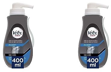 Veet Men Crema Depilatoria Masculina para Pecho Espalda Brazos y Piernas, Pieles Sensibles, 400ml con Dosificador (Paquete de 2)
