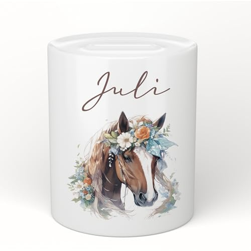Manufaktur Liebevoll Personalisierte Kinder Spardose Pony Pferd Namen Geburt Taufe Taufgeschenk Baby Geschenk Geburtstagsgeschenk Geldgeschenk Sparschwein Sparbüchse Keramik Mädchen (Pferd Juli)