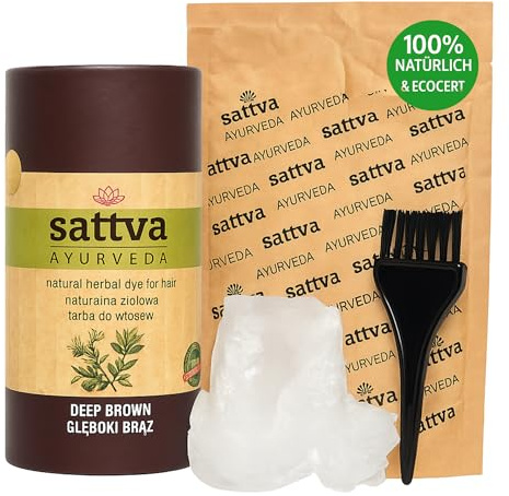 Sattva Ayurveda Tinte para el pelo vegetal marrón profundo, color natural de henna sin productos químicos, tinte orgánico vegano y certificado ECOCERT para un cabello sano, brillo y volumen – Juego