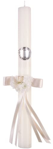 Vela Bautismal con Lazo y con aplique Laminados en Plata de Ley 925‰ y Personalizado. (09606-1)