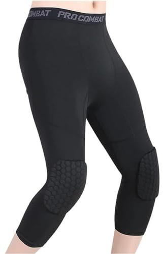 HULG Basketball Pants with Knee Pads, Knee Pads Compression Pants,Men's Basketball Pants with Knee Pads 3/4 Capri Padded Compression Tights Leggings Sports Protector Gear