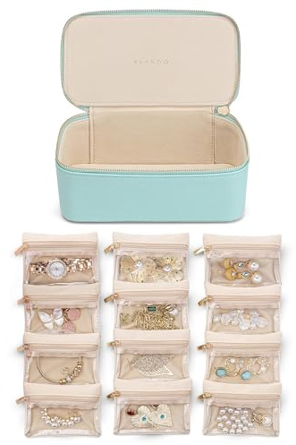 Vlando Travel Jewellery Organiser, PU Leather Jewellery Box with 12 Velvet Pouch, Case for Necklace, Ring, Gift Box for Women, Light Blue