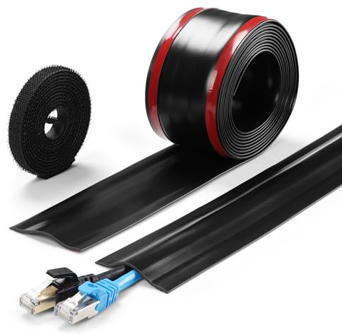 ZhiYo Kabelabdeckung Boden 2,5 m, Weiche PVC Kabelabdeckung für Teppich & Böden, Kabelverstecker und Schutz für Büro, Homeoffice & Gewerbe, Schwarz | Passend für 1–2 Kabel, weicher PVC-Kabel-Verschluss für Teppiche mit Hakenverschluss, einfach zu schneiden und zu