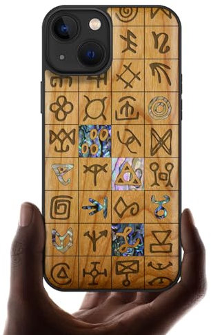 Carveit Coque Magnétique pour iPhone 13 Étui de TPU, Gravure en Bois et Incrustation de Coquille Cover Compatible Magsafe avec 13 Coque (Cerise-Runes mystiques)