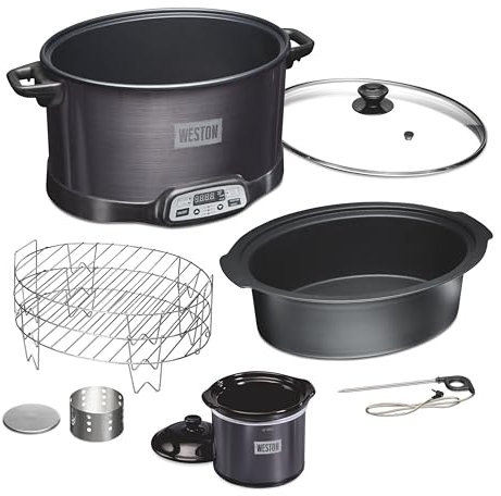 WESTON Fumoir électrique 2 en 1 programmable à cuisson lente et fumoir électrique d'intérieur, 6 pintes, étagère à fumer à 3 niveaux pour viande, fromage et plus, récipient passe au lave-vaisselle,
