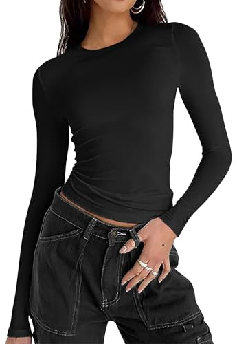 Zeagoo Women's Long Sleeve T-Shirt Slim Fit Crop Tops Casual Crew Neck Tee | Sexy Basic Shirts Solid Color Streetwear XS-XL