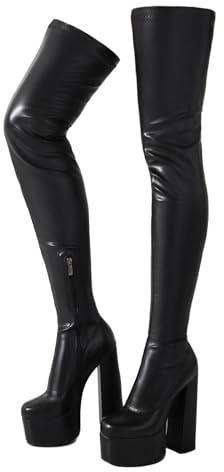 Roimaash Women's Over-the-knee Boots Thigh High Heels Latex Boots High Knee Boots Platform Stretch Botas para Mujer Tall Boots Stripper PU-Black Size 39