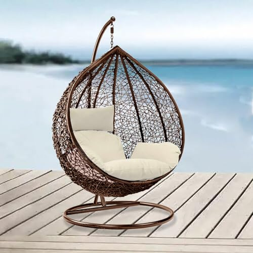 Rattan Swing Egg Chair Garden Swing Chair Patio Hanging Chair Indoor/Outdoor Hanging Hammock with Cushion(2024 New) (Brown Egg Chair &Brown Cushion)