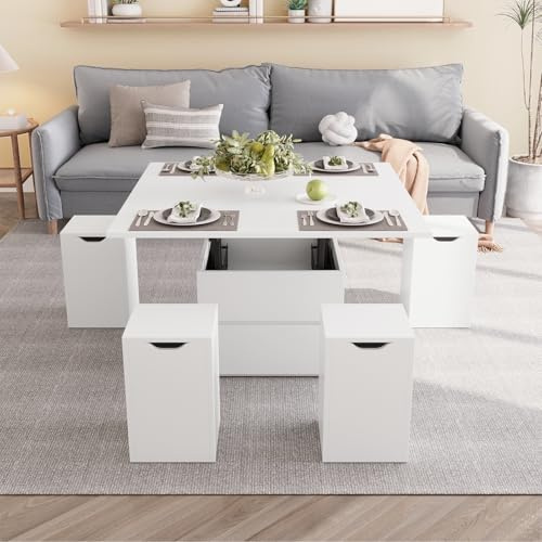VOWNER Coffee Table with Storage for Living Room, Lift Top Coffee Table, 4-in-1 Multifunctional Convertible Dining Table, with Storage & 4 Stools, 100Lx100Wx58H cm, White