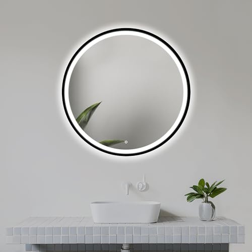 Home Glow 60cm LED Badezimmerspiegel mit schwarzem Rahmen Runder Badezimmerspiegel mit Beleuchtung, Schwarz gerahmter Spiegel Runder Metall Gerahmter Badspiegel mit Beleuchtung