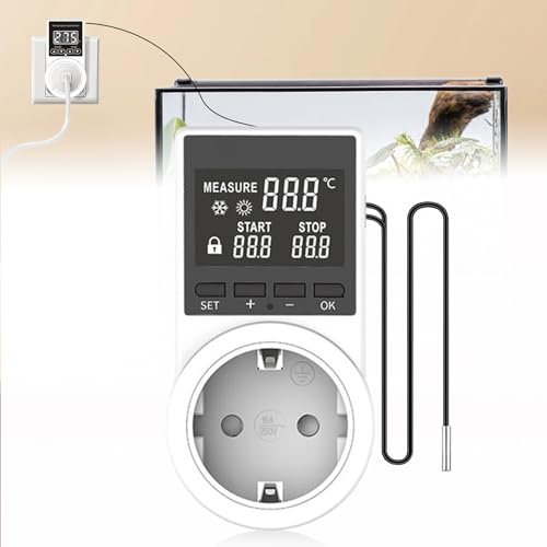 Temperaturregler Steckdose, 250V LCD Digitaler Heizung Kühlung Temperaturschalter mit Wasserdichter Kopf, Tag Nacht Temperaturregler für Gewächshaus Bauernhof Aquarium Terrarium(EU)