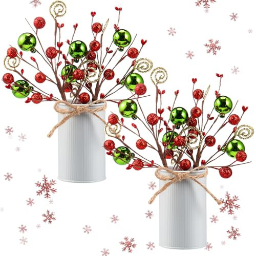 Domensi 2 Sets Christmas Table Centerpiece Decor Artificial Tree Picks Candy Curly Ball Picks with Metal Vase in Pots for Xmas Floral Arrangement for Dining Home Indoor Office Table Mantle(Mix Color)