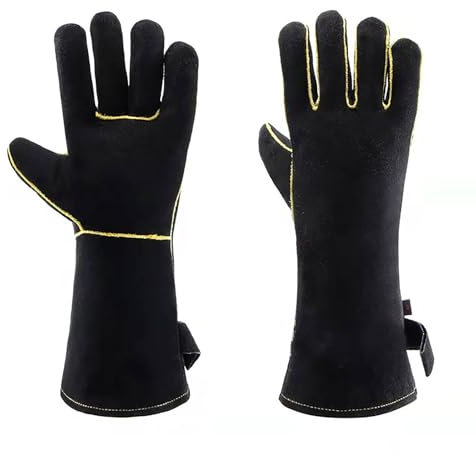 FOYRXVNW Verdickte Schweißerhandschuhe, Hochtemperaturbeständige Grillhandschuhe, Arbeitshandschuhe für BBQ, Ofen, Schweißen - 14in & 16in, Schwarz(16in)