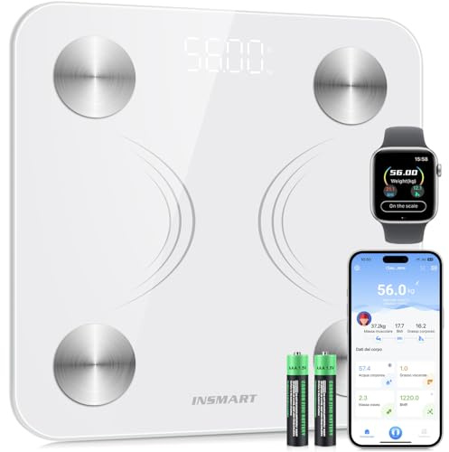 INSMART Personenwaage Digital, Waage Personen mit Bluetooth Körperanalysewaage, Körperfettwaage für BMI, Gewicht, Pulsschlag, Wasser, Protein, Körperfett und Muskelmasse 180 kg/400 lbs (white)