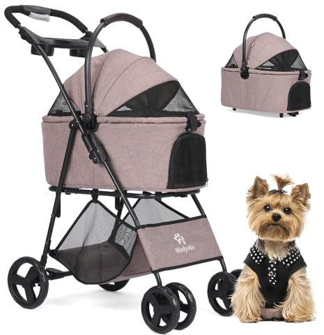 Hundewagen Hundebuggy Faltbar Travel Haustier Kinderwagen Pet Stroller mit Netzfenstern und Aufbewahrungskorb für kleine Mittele Hunde Haustiere Buggy (Kaffee)