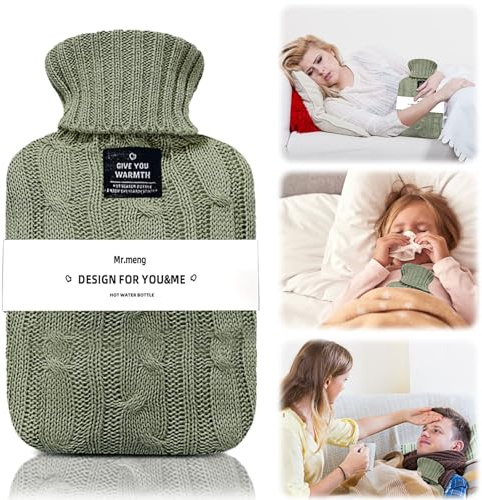 Wärmflasche mit Strickbezug, 2L 1L Wärmbeutel für heiße und kalte Kompresse, Handfüßwärmer, ideal für Menstruationskrämpfe, Linderung von Nacken- und Schulterschmerzen (Grün, 2000ml)