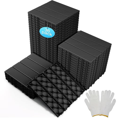 JUOIFIP 36 Stück Terrassenfliesen Kunststoff, Balkonfliesen Verbundstoff Interlocking Flooring Wetterfest für Terrasse, Balkon, Beton 30 x 30 cm (Dunkelgrau)