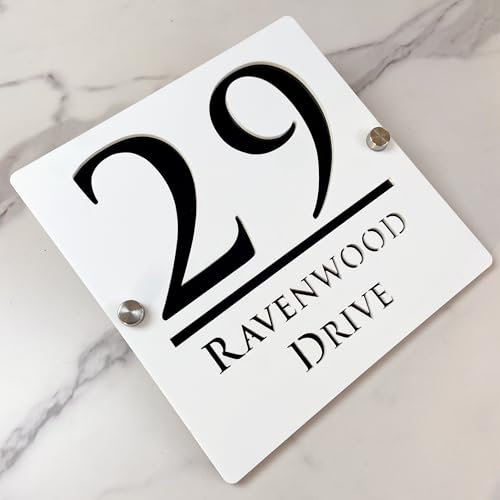 Cartello numero civico sospeso vuoto 3D acrilico personalizzato con nome di strada fontana moderna | Segnale indirizzo negozio piastra porta (bianco&nero)