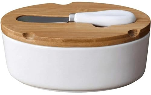 GLETSF Mantequera De Cerámica con Tapa De Madera Y Cuchillo para Mantequilla para Encimera, Caja De Almacenamiento De Queso, Buen Regalo De Cocina, Recipiente para MantequillaA
