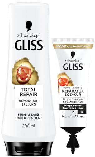 Gliss Spülung Total Repair (200 ml), Haarspülung repariert trockenes, strapaziertes Haar & SOS-Intensiv-Kur Total Repair (15 ml), Haarkur mit Keratin für intensive Reparatur und Pflege