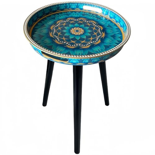 Simmer Stone Runde Beistelltische für den Innenbereich mit 3 abnehmbaren Holzbeinen, vielseitiger Tabletttisch, perfekt für runden Couchtisch, Tee und Entspannungszeit 45 cm (Punkt Blauer Lotus)