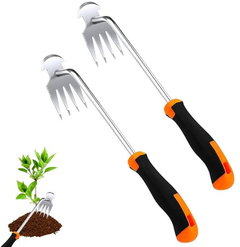 Tagliacerbacce in Acciaio Inox, 2 Pezzi Estirpatore Erbacce Manuale con Manico in Gomma, Attrezzi per Diserbo, 4 Denti Strumento da Giardinaggio, Estirpatore Manuale per Giardino, per Giardini, Patii
